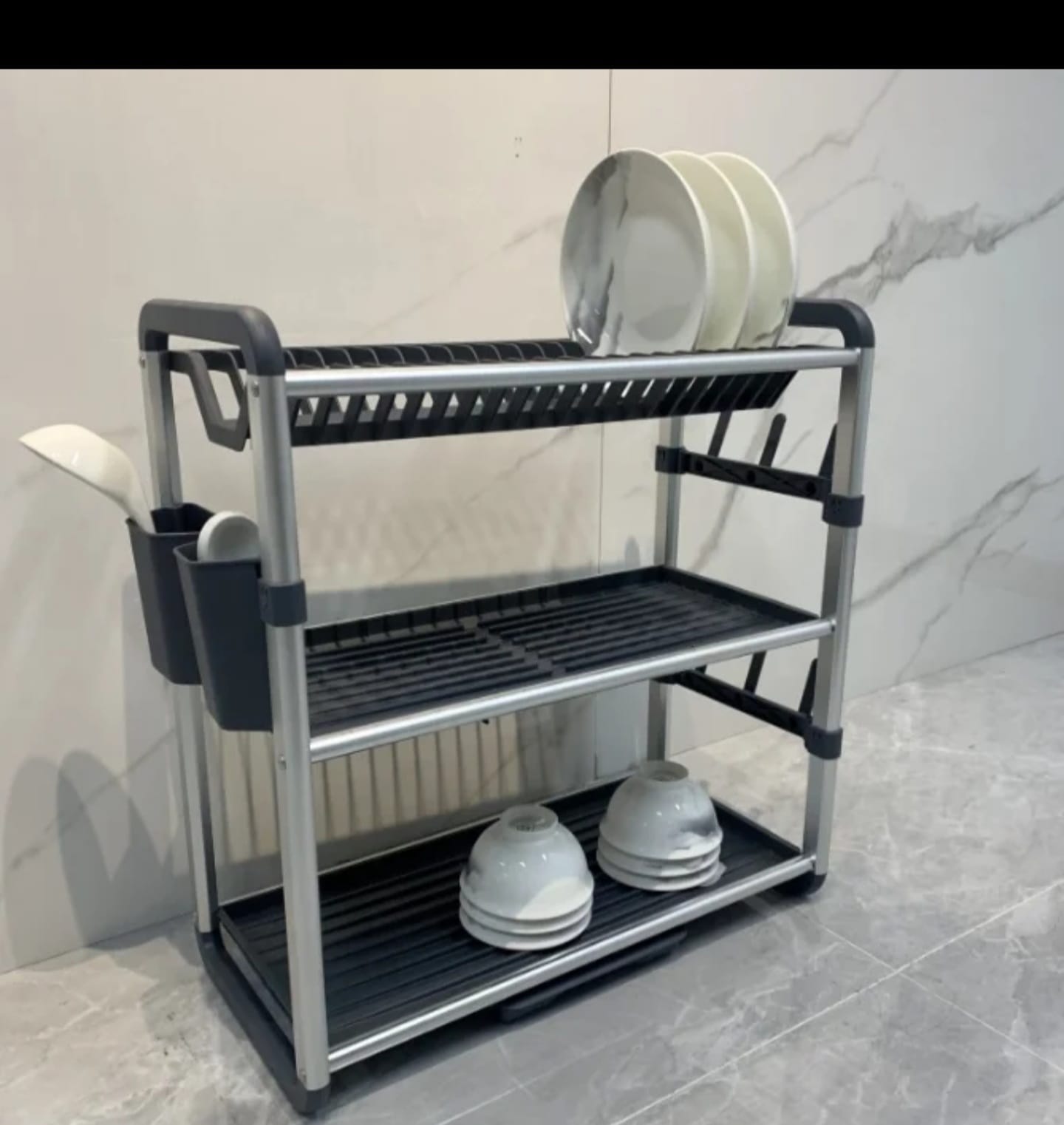High quality alluminium 3 tier dishrack with drainer board ,utensils & cup holders