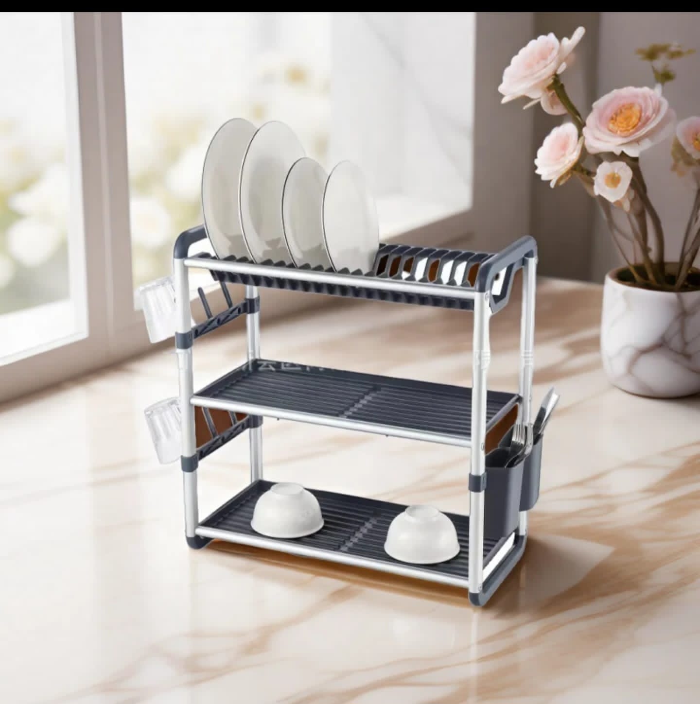 High quality alluminium 3 tier dishrack with drainer board ,utensils & cup holders