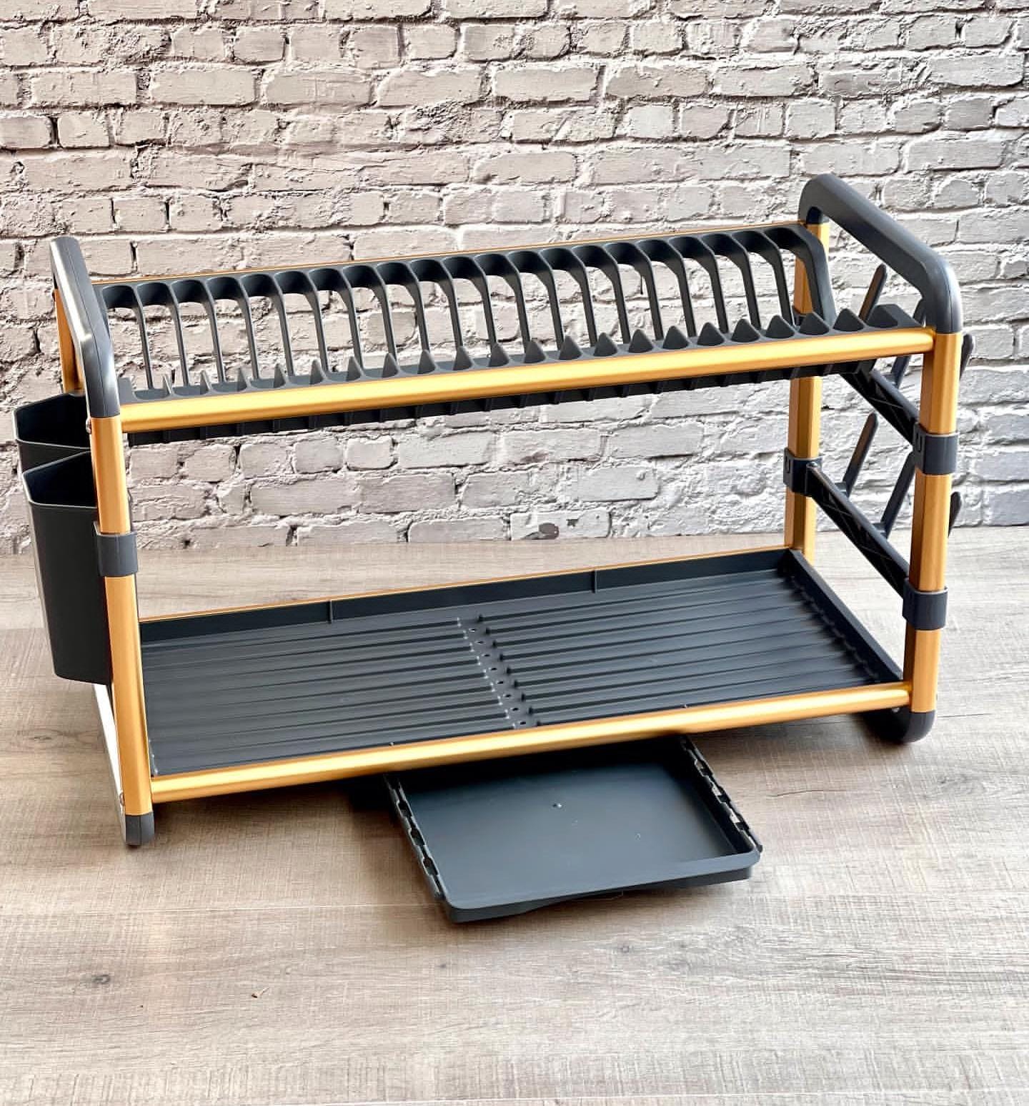 High quality alluminium 2 tier dishrack with drainer board,utensils &cup holder