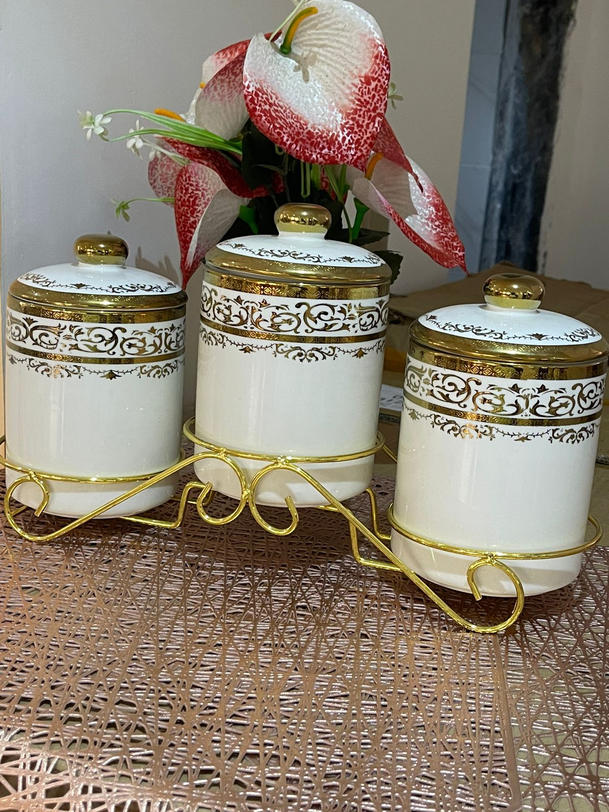 4pcs White gold canister sugar,tea,coffee &1 stand gold