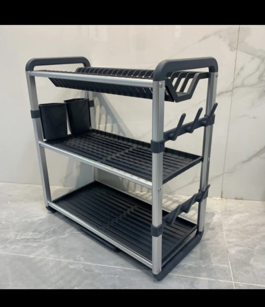 High quality alluminium 3 tier dishrack with  drainer board ,utensils & cup holders