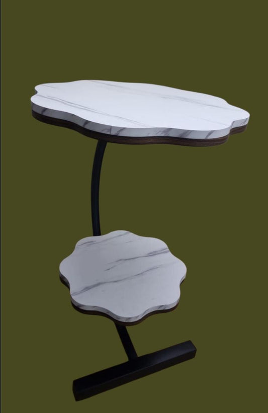 Wooden heavy top bottom metallic crescent frame 2 layer table