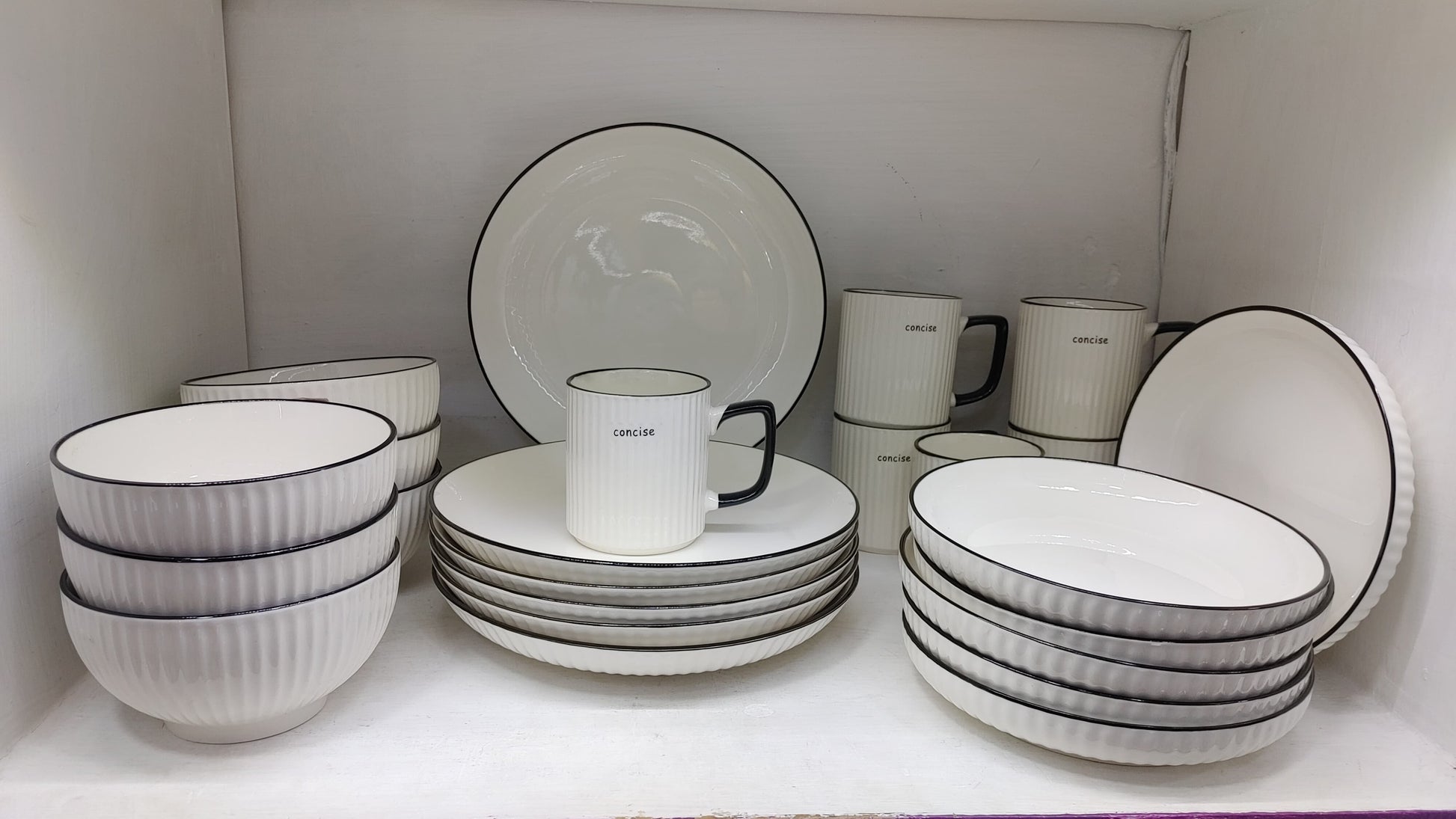 24pcs Concise White Ceramic Dinner Set with Black Rim