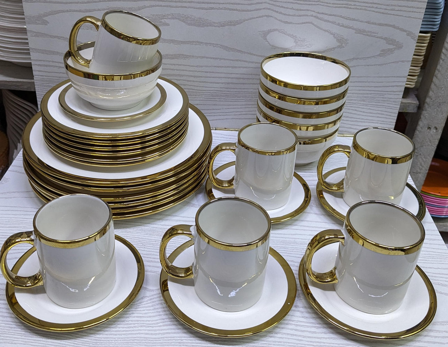 30pcs White Ceramic Dinner Set with Gold Rim