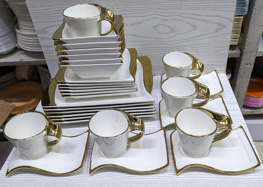 30pcs Wavy Ceramic Dinner Set with Gold Finish